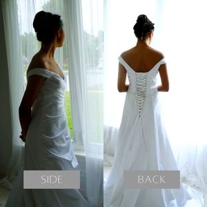 David's Bridal Rouched Off The Shoulder White Wedding Dress Size 4